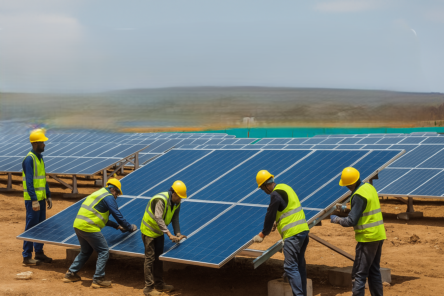 Solar company team and installation work